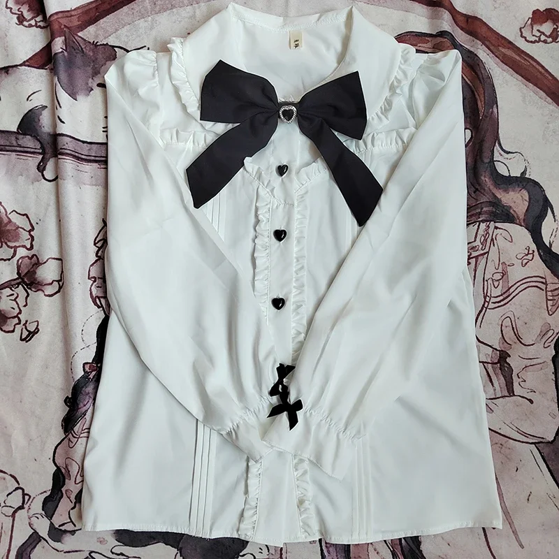 Kawaii Women Shirts Lolita Y2K Cute Japanese Style Blouse Elegant Long Sleeve Sweet Tops Casual Office Ladies Aesthetic Shirt