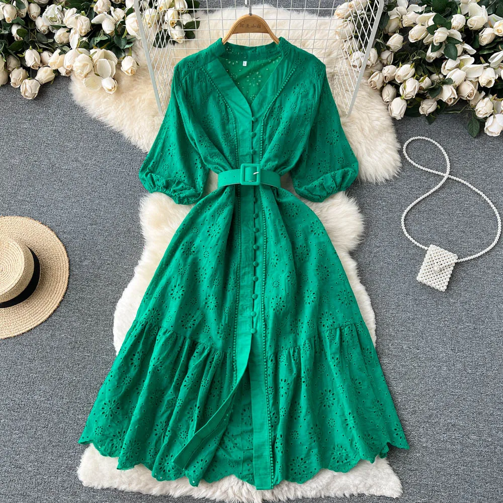 

Fashion V Neck Summer Hollowed Out Puff Sleeve Loose Lace Embroidery Close Waist Thin Ruffle Dress Women's Cotton Beach Dress