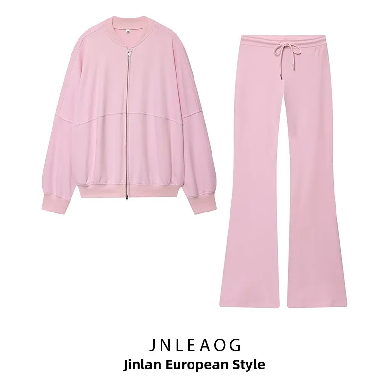 

JNLEAOG Autumn New Women's Double-sided Fabric Pilot Jaet Interloing Flared Pants Zipper round Ne Long Sve Set