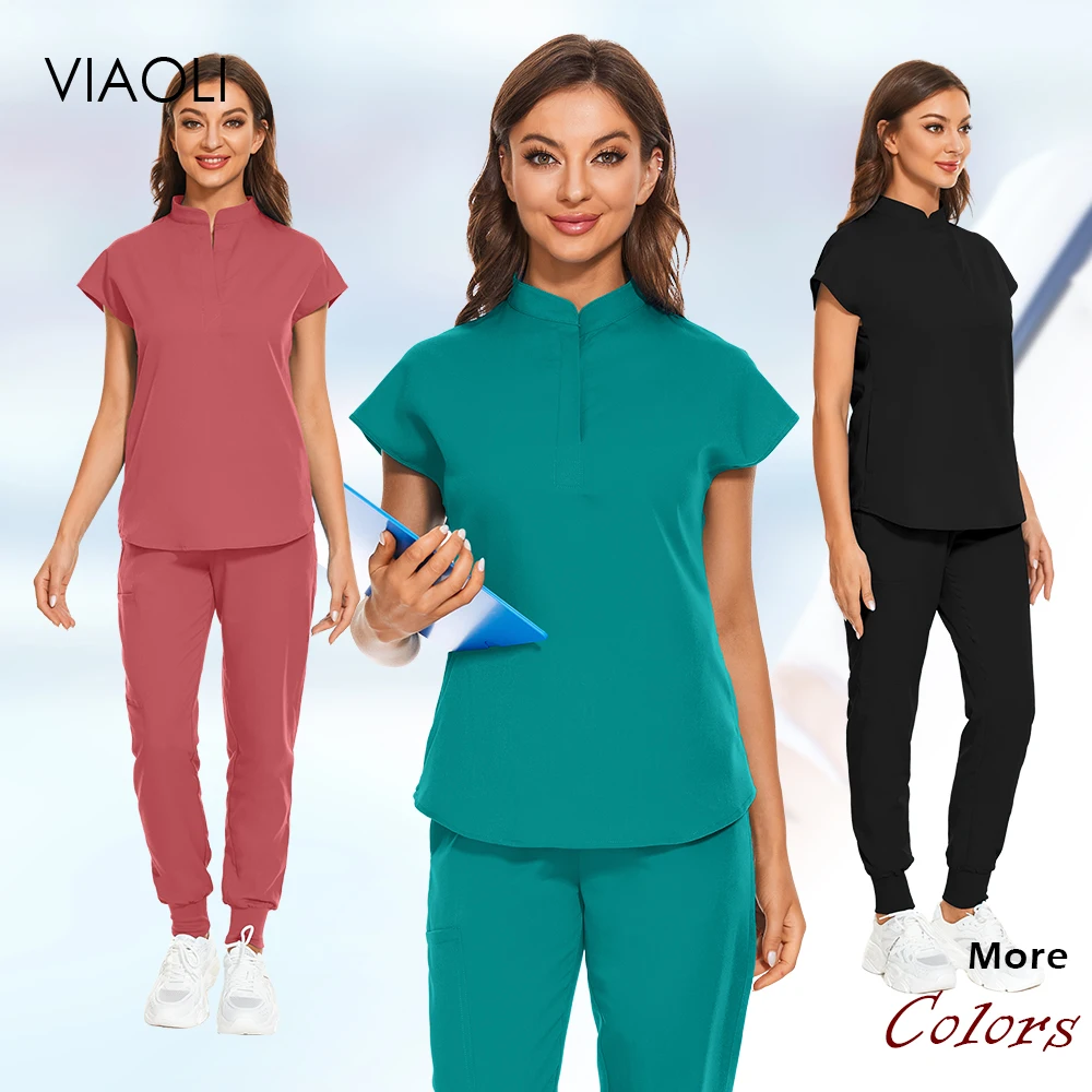 

Fashion V-neck Short Sleeved Scrub Top Joggers Suit Breathable WorkWear Dental Clinic Doctor Surgical Gown Medical Uniform Women