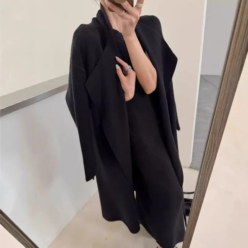 EAEOVNI 우아한 니트 2피스 세트 여성 솔리드 롱 가디건 코트 민소매 슬림 드레스 기품 있는 가을 겨울 신상 세트