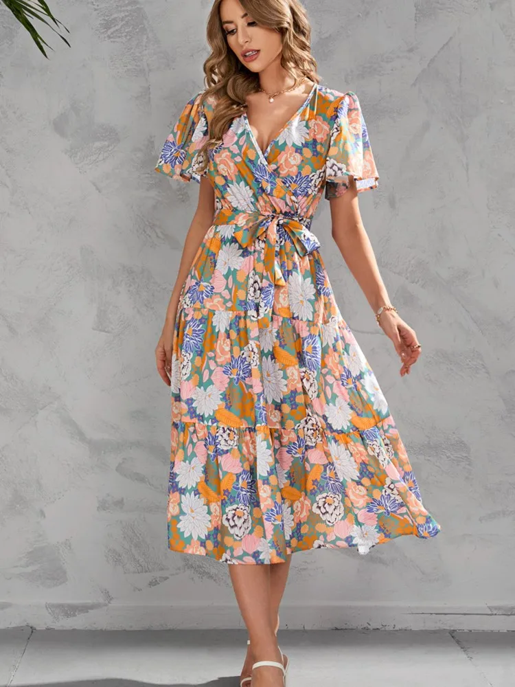 

New Arrival Fashion V Neck Women Print Dress Summer Leisure Beach Elegant Sexy Long Maxi Dress Female Short Sleeve Party Dress