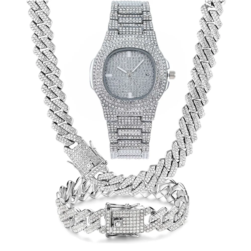 3PCS Watch for Men Women Couple Calendar Luxury Wistwatch Necklace Bracelet Jewelry Set Bling Gold Silver Diamond Cuban Chain