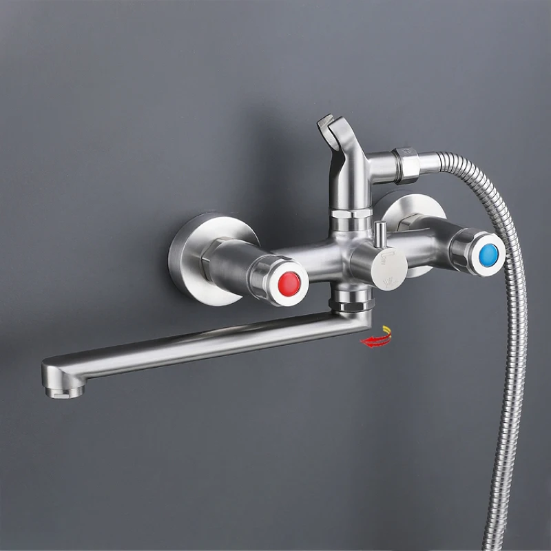 Wall Mounted Bathtub Faucet With Shower Head Sprayer Rotating Long Spout Faucet Two Function Dual Handle Hot Cold Water Mixer
