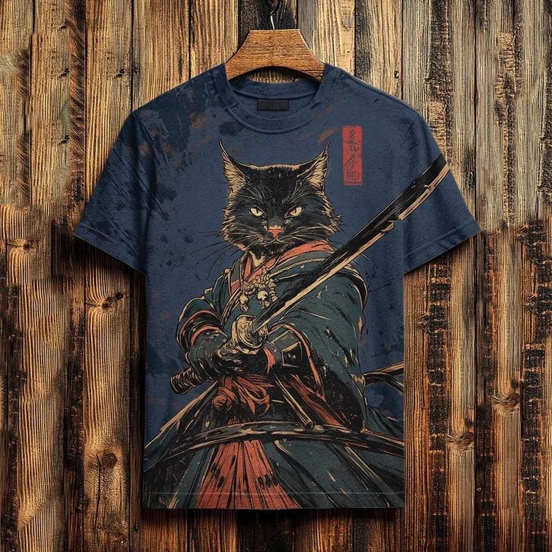 Vintage Ukiyo-e Samurai Cat Print Men T-shirt Japanese Graphic Crew Neck Short Sleeve Casual Summer Tees 2026 New