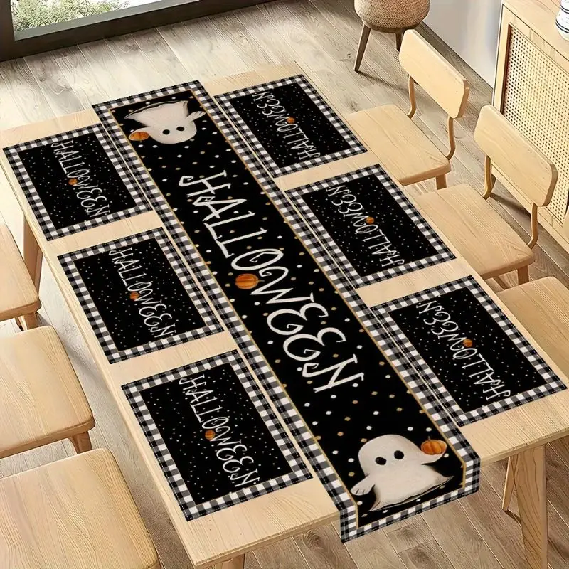 VIKAMA Halloween Ghost Meal Mat Set, Grid Printed Table Flag, Thrilling Holiday Party Home Desktop Decoration
