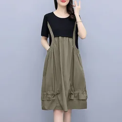 Fashion O-Neck Spliced Loose Folds Shirring Midi Dress Women's Clothing Summer New Oversized Fake Two Pieces Casual Dresses