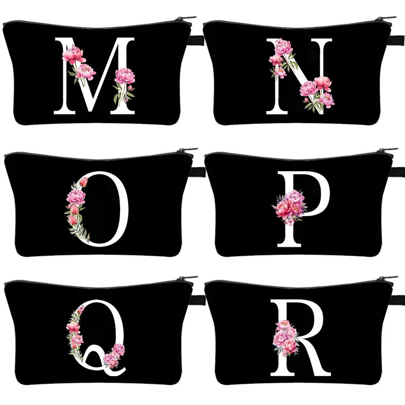 Women Makeup Bag Vintage Flower 26 Letter Pencil Case Office Supplies Stationery Storage Travel Cosmetic Organizer Toiletry Bags