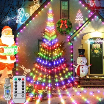 1PC 180LED 滝ツリーフェアリーライト USB プラグ 8 モード窓カーテンつららライト屋外ガーランドクリスマスツリー装飾