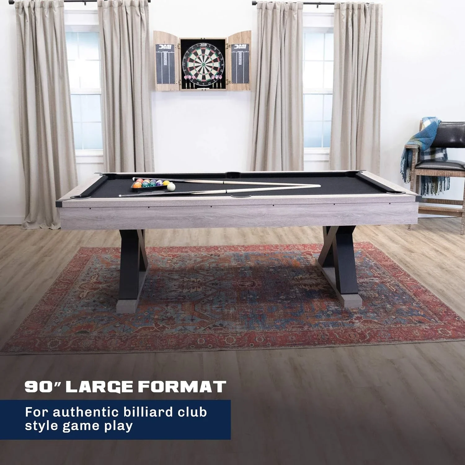 Kirkwood 90” Billiard Table with Rustic Finish, K-Shaped Legs and Black Cloth, Brown