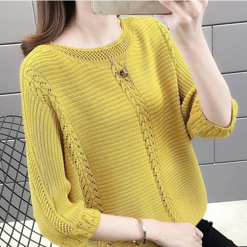 Autumn Winter Casual Fashion Solid Simple Hollow Out Sweater Women Half Sleeve Loose All-match Knitting Pullover Female Clothes