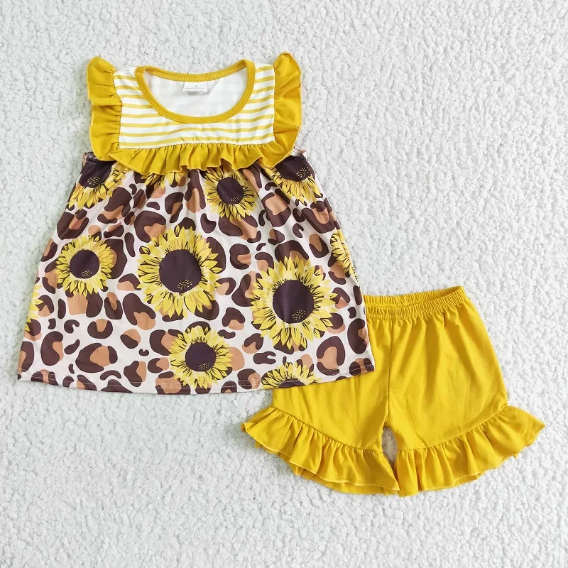 

RTS Toddler New Summer Ruffles Top Lace Sleeveless Sunflower Leopard Yellow Shorts Suit Wholesale Boutique Outfits Clothing Sets