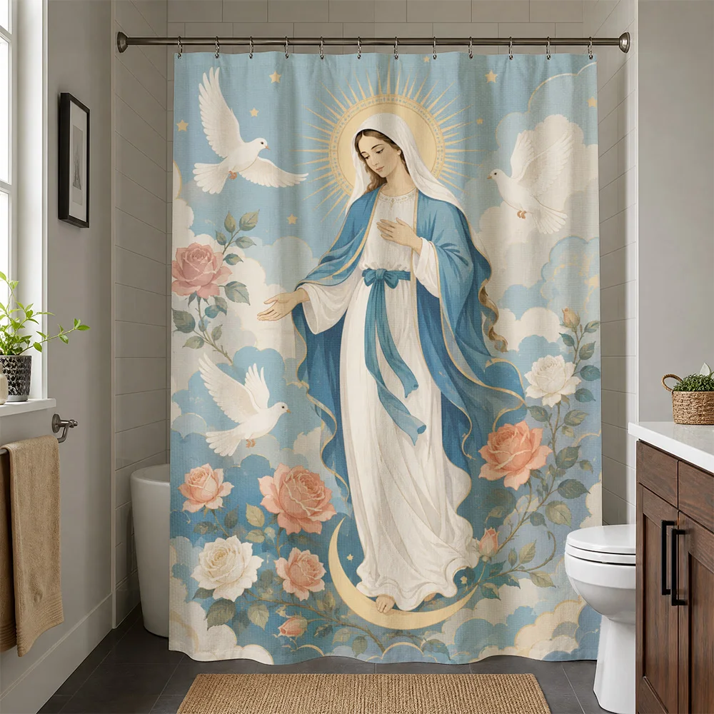 Beautiful Religious Shower Curtain with Angel and Roses Christian Bathroom Decor Waterproof Shower Curtain Liner