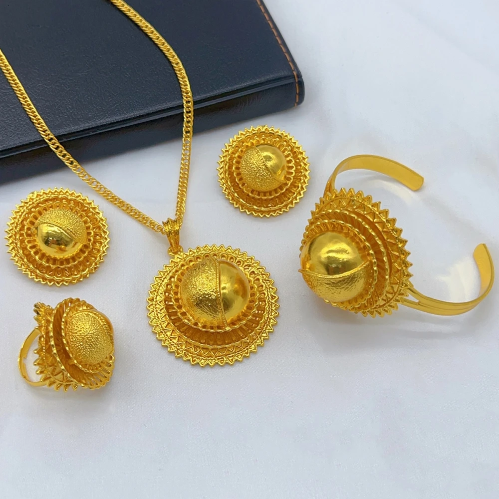 

ESALE Dubai Gold Color Necklace and Earring Sets Nigerian Bridal Wedding Fashion Chain Round Pendant Indian Jewelry Set For Girl