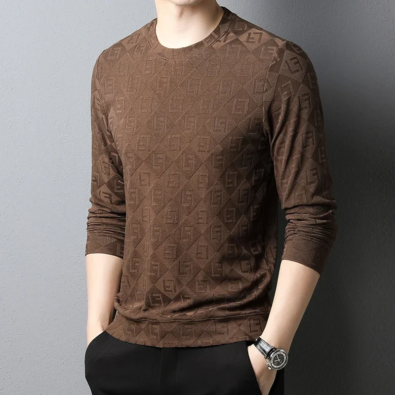 Camiseta monocromática masculina com gola redonda, top Jacquard, capuz confortável e versátil, nova moda