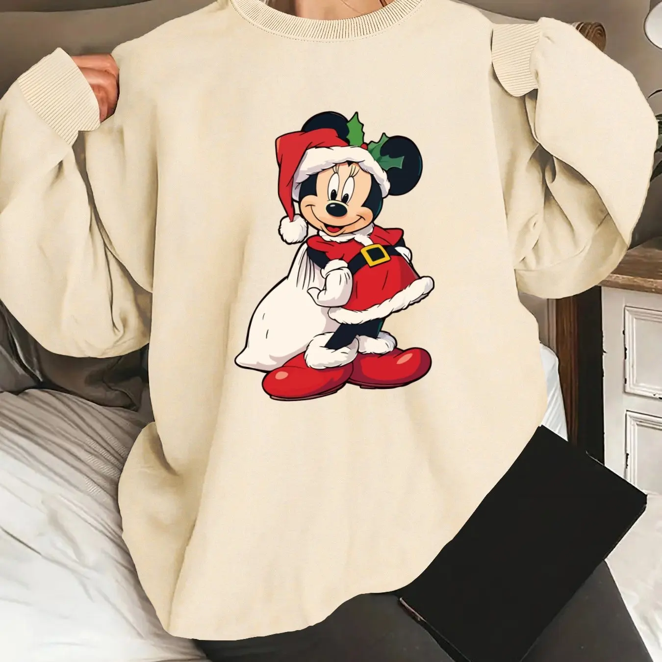 

Женский рождественский пуловер с Микки Маусом Диснея, модный свитер унисекс с круглым вырезом, осенне-зимний флисовый повседневный свитер