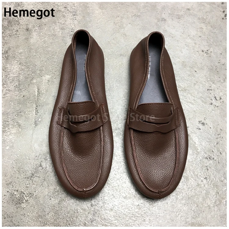 Brown Flat Loafers for Men New Breathable Soft Leather Single-Layer Cowhide Men\'s Shoes Leather Soft Soled Slip-On Shoes