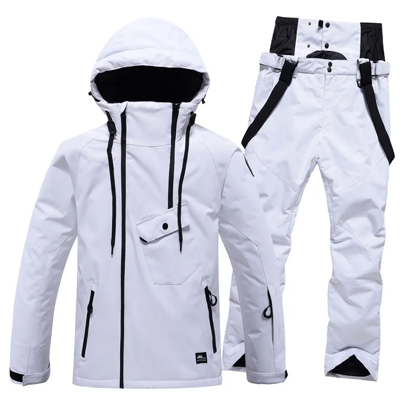 STLF Solid Color Hooded Ski Suit for Men Women Windproof Waterproof Warm Breathable Snowboard Jacket Pants