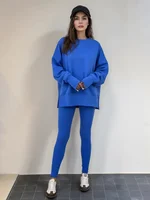 Women's Casual Loose Long Sleeve round Neck Split Top Sweatshirt Set with Tight Pants European & American Style Autumn/Winter - Image 4