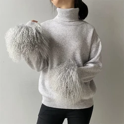 Jxwatcher Women's Sweater with Real Mongolian Sheep Fur Cuffs Ladies Knitted Tops Fall Winter Fashion Wool Blend Kint Pullover