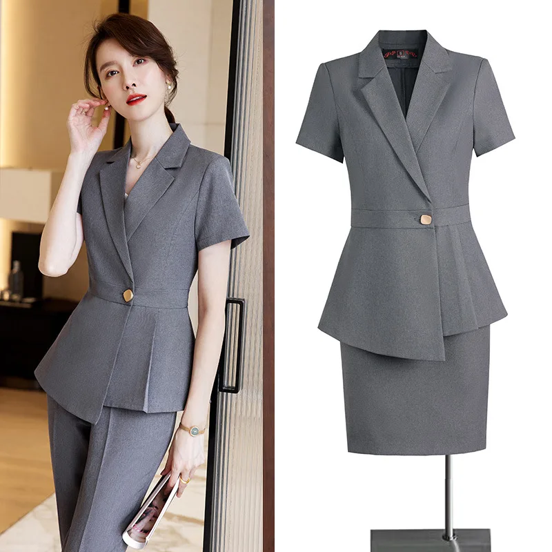 Abito da lavoro estivo da donna sottile a maniche corte abbigliamento formale Hotel Receptionist uniforme gioielleria salone di bellezza abbigliamento da lavoro