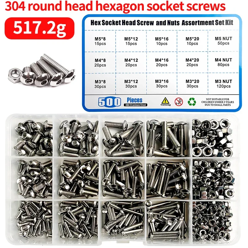 

500pcs/Box M3 M4 M5 304 Stainless Steel Hexagon Button Hex Socket Fairing Bolt Assortment Kit Thread Allen Screws