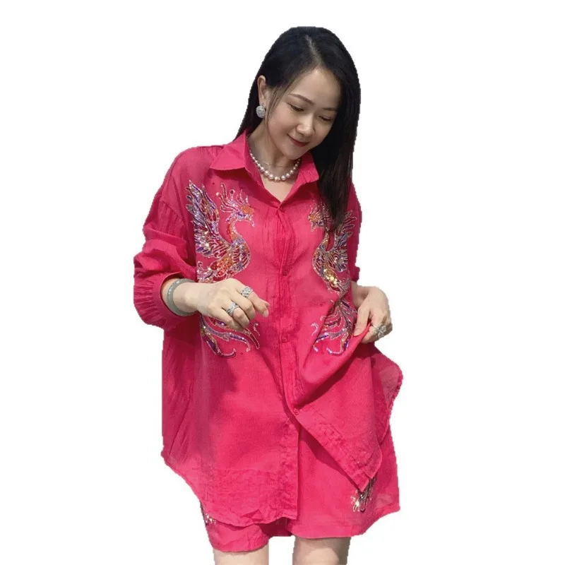 

Hot Diamond Cotton and Linen Loose Long-sleeved Shirt Top Shorts Two-piece Set Relaxed Vacation Style Casual Suit Women's Summer