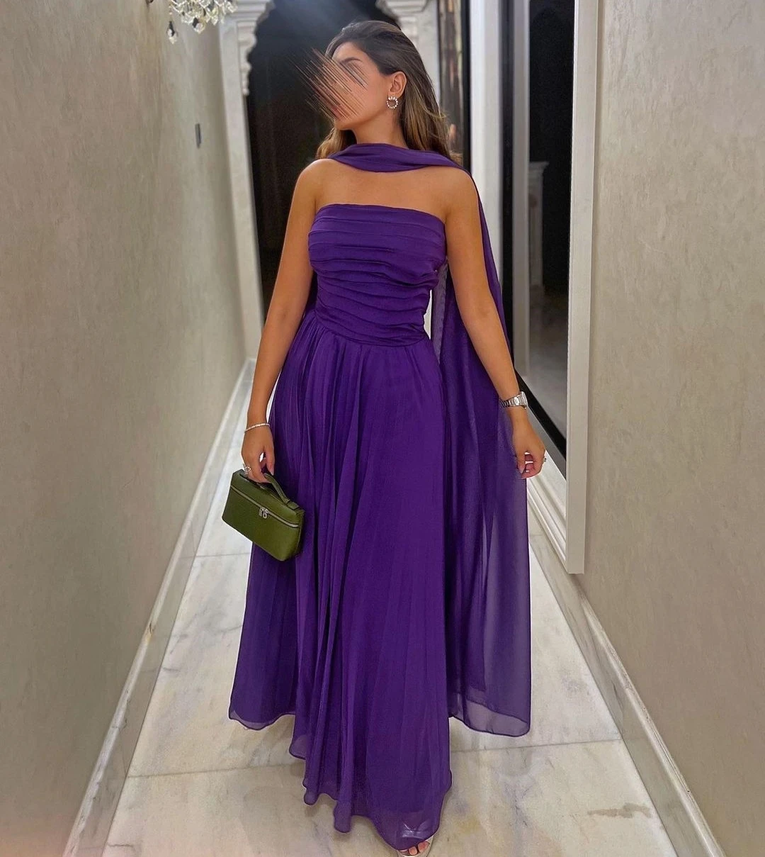 Fashionvane Purple Chiffon A Line Long Prom Dresses Wrap Strapless Vestidos Party Birthday Evening Gown Zipper Back Formal Dress