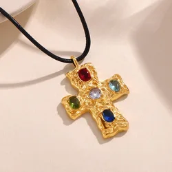 Trendy Cross Colorful Glass Pendant Stainless Steel Necklace for Women Black Rope Waterproof Luxury Charm Jewelry Wholesale
