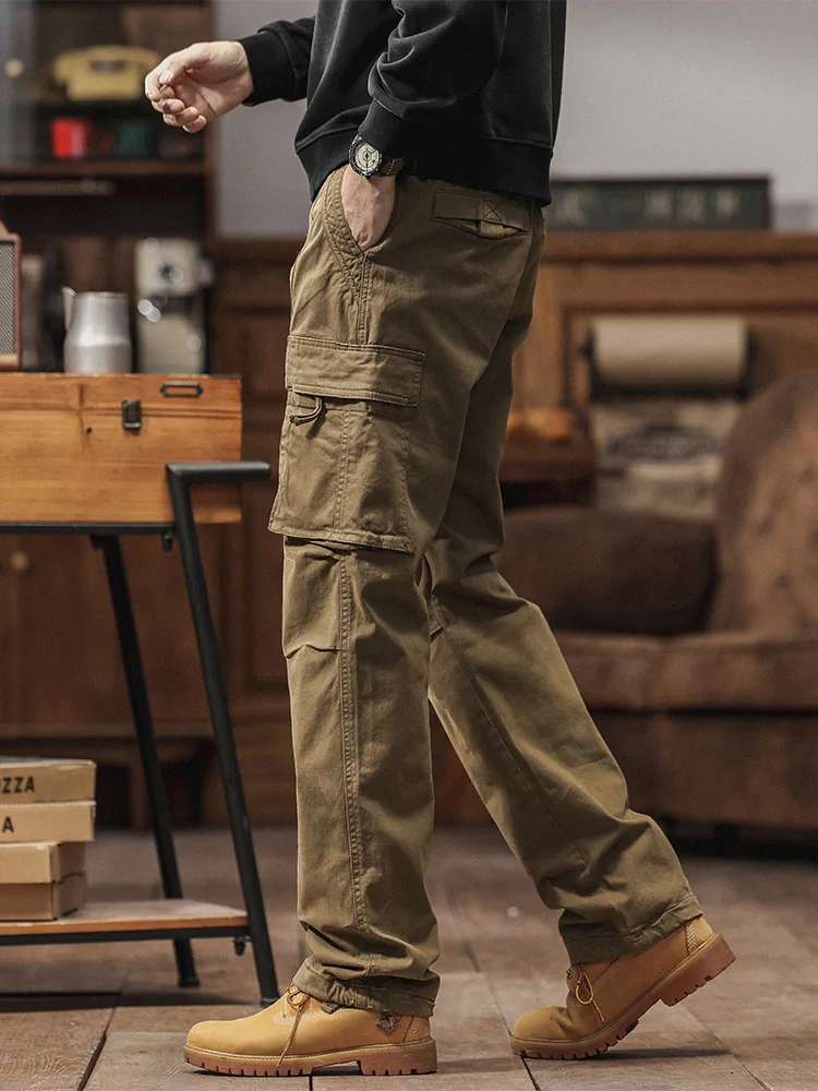 

Американские свободные прямые мужские брюки для рабочей одежды, длинные брюки в стиле ретро, повседневные весенне-осенние хлопковые брюки на молнии с несколькими карманами