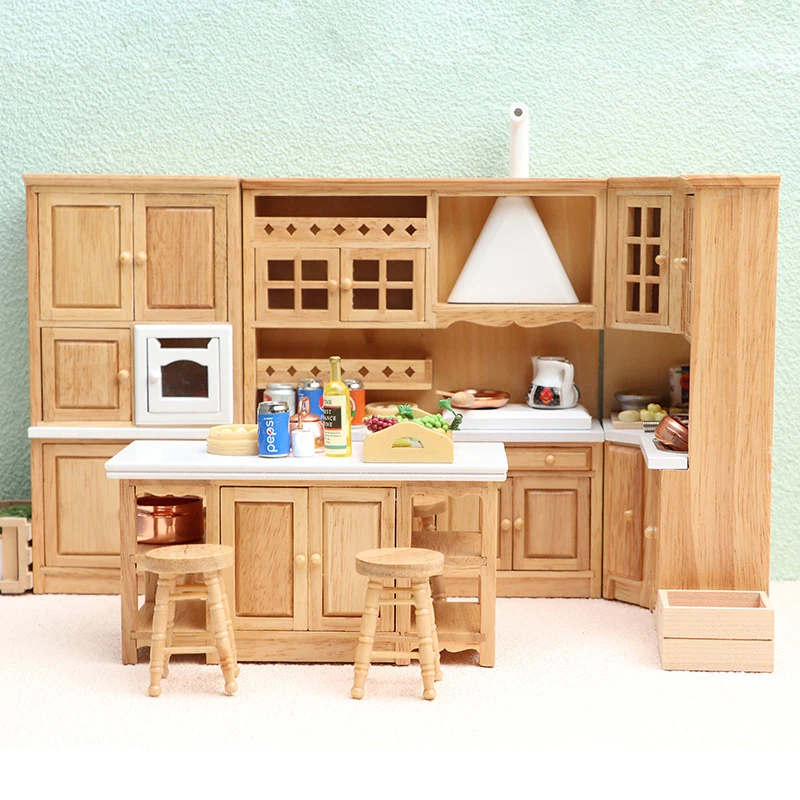 1Set 1:12 Dollhouse Miniature Kitchen Furniture Sink Cabinet Stove Cabinet Cupboard Cooking Table Stool Model Decor Toy