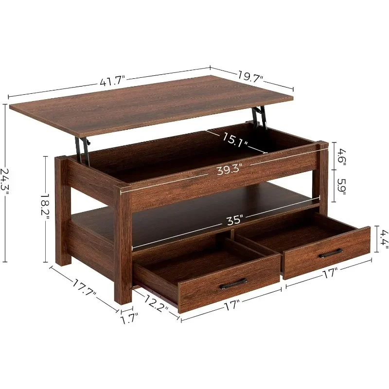 Rolanstar Coffee Table, Lift Top Coffee Table with Drawers and Hidden Compartment, Retro Central Table with Wooden Lift Tabletop