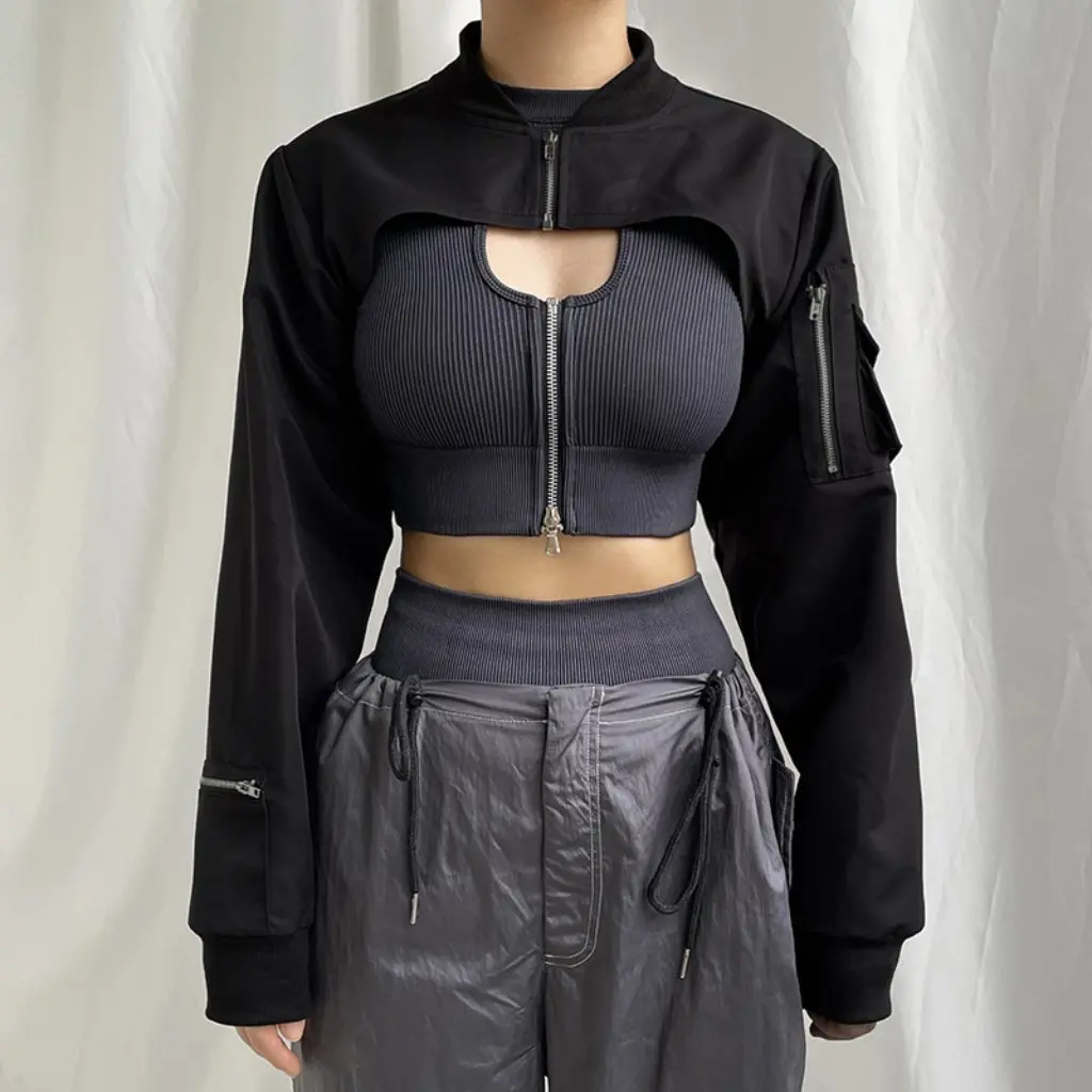 

Vintage Motorcycle Zipper Stitching Pocket Ultra-Short Woven Jacket for Hot Girls Fashion Outerwear Blouse Coat