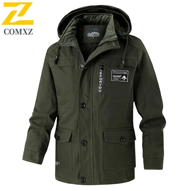 COMXZ 2024 Mens Plus Size Cotton Fleece Workwear American Style Jacket Long Coat Waterproof And Windproof Multi Pocket