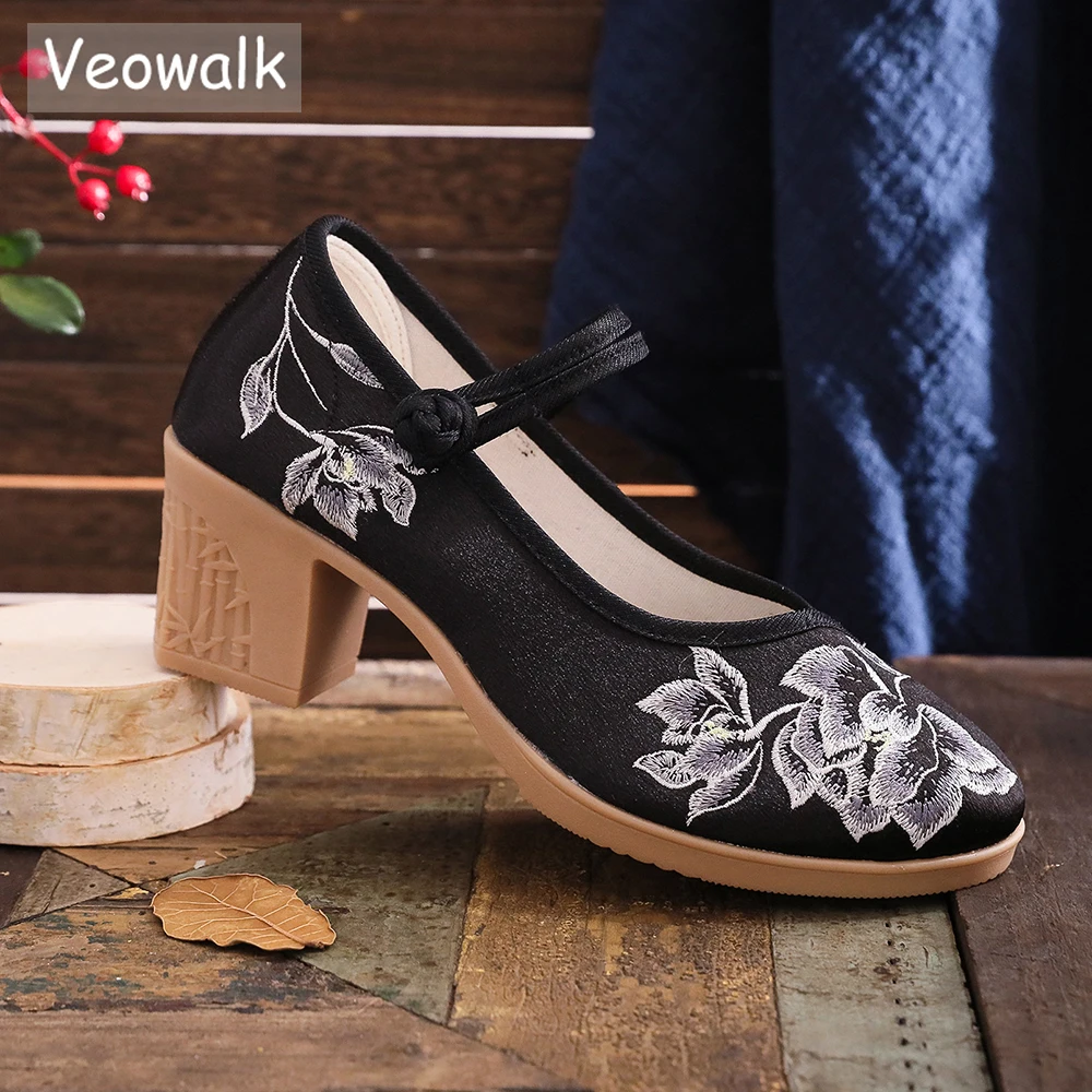 Veowalk Satin Cotton Embroidered Women Elegant 6cm High Heel Shoes Soft Comfortable Mary Jane Block Pumps Black White Pink