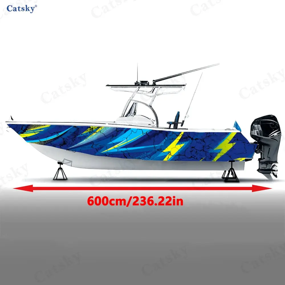 Cyber Blue & Yellow Boat Stickers, PVC Waterproof Durable Vinyl Wrap Decals for Fishing Boats, Durable and Stylish Design