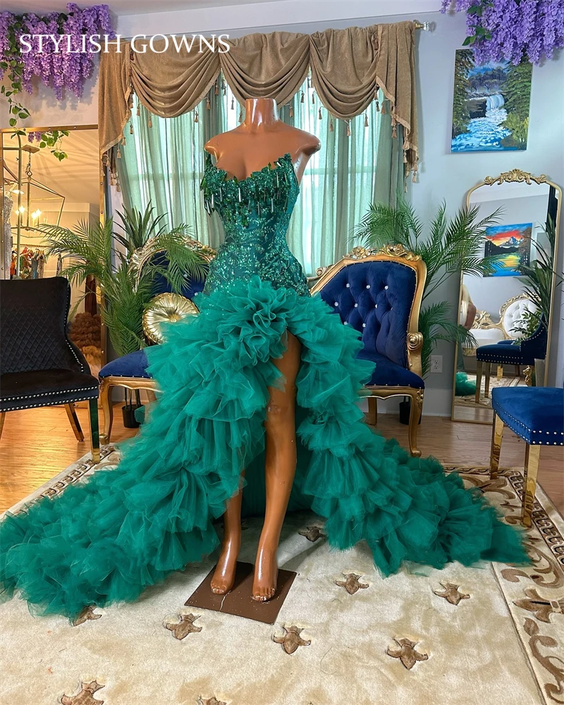 Emerald Green Strapless Tassel Long Prom Dresses Black Girls Bead Appliques 2024 Birthday Luxury Dress Ruffles Gown With Split