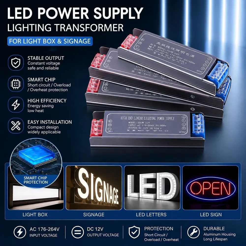 1Pcs DC 12V 24V Switching Power Supply AC100-264V 60-400W LED Light Driver Aluminum Profile Short Circuit Protection
