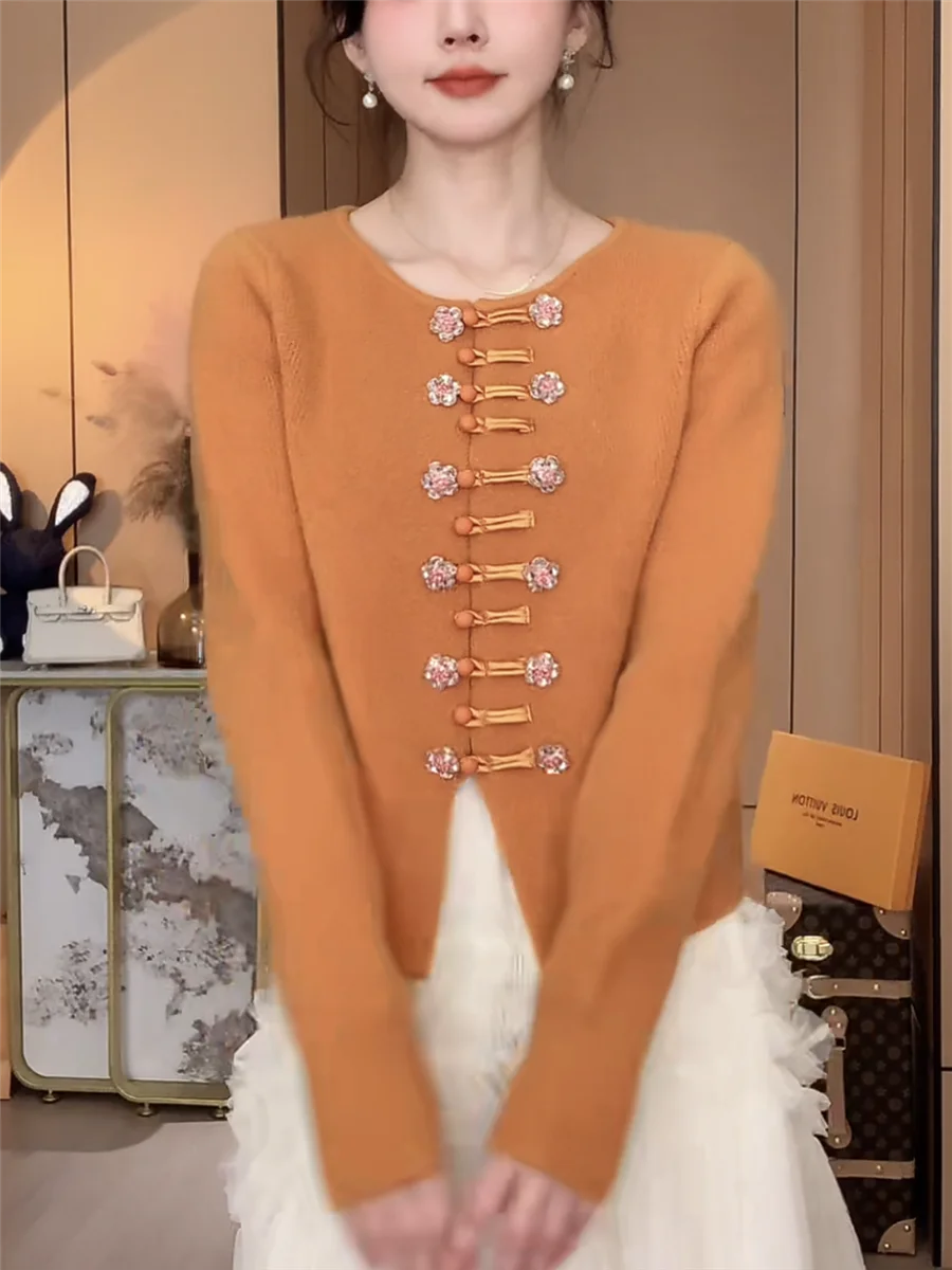 2024 New Autumn Winter Rhinestone Double Breasted Knitted Cardigan Sweater Women Korean Fashion O-Neck Long Sleeve Knitwear Coat