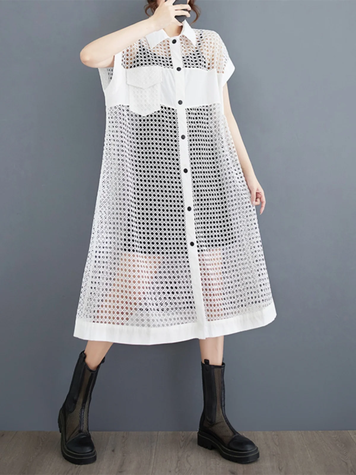 여름 신상 작은 디자인 메쉬 셔츠 드레스 여성 패션 원피스 홀로우 아웃 드레스 출근 스타일 루즈 웨이스트 거들