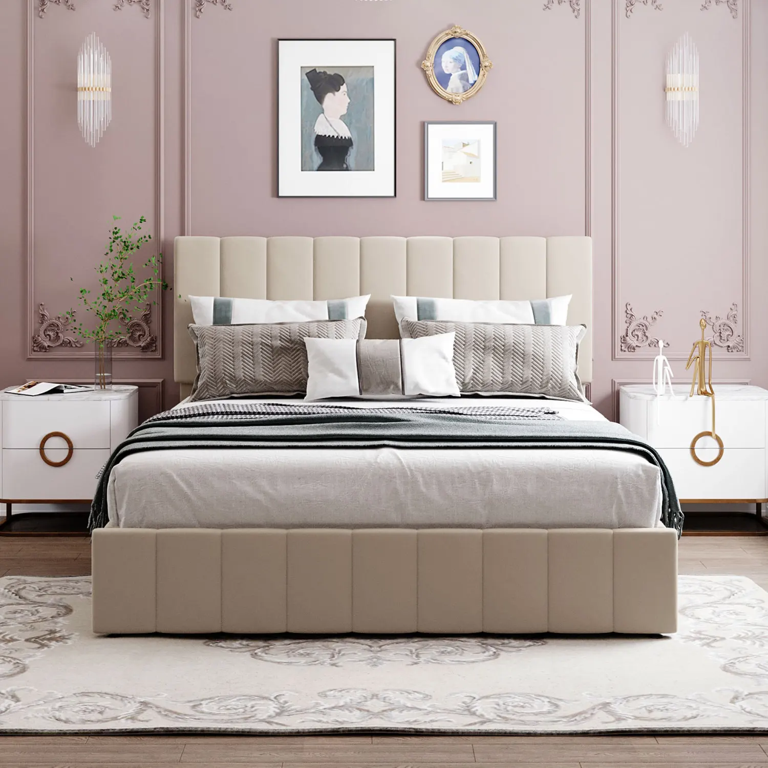 

Queen Size Upholstered Platform Bed with Hydraulic Storage System - Beige