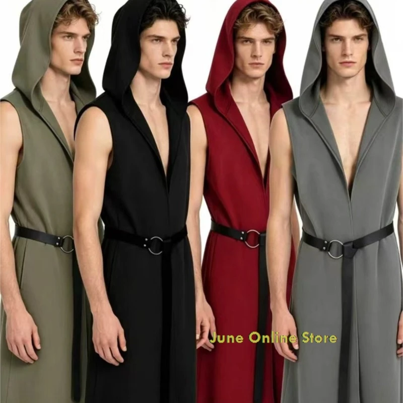 

Medieval Retro Sleeveless Hooded Robe Assassin's Style Creed Belted Halloween Party Cosplay Costume Mens Renaissance Fair Outfit