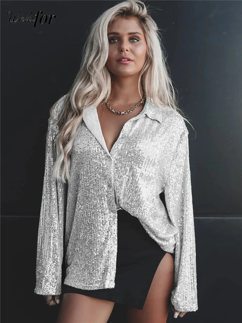 Wedifor Fashion Sequins Women Blouse Shirts Turn-down Collar Long Sleeve Button Casual Tops Elegant Glitter Party Clubwear Shirt