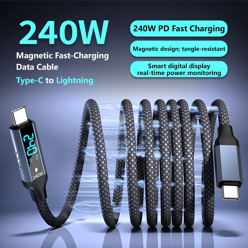 New 240W Digital Fast Charging Data Cable With Dual Type-c Charging  LED Display Cable Suitable For Samsung Apple Huawei Xiaomi