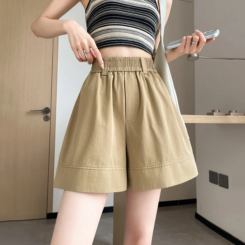 

Fashion Spliced Solid Color Loose Shorts Basic Wide Leg A-Line Casual Shorts Summer High Waist Elastic Women's Clothing