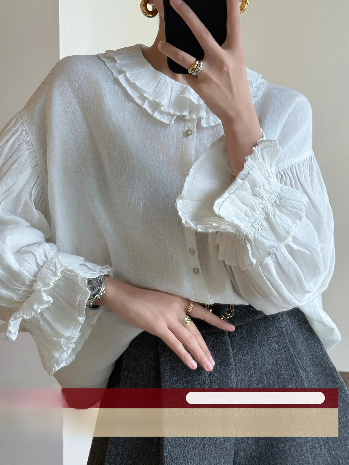 

WANGER Linen Long Sve irt Двухслойный воротник Lotus Le с воротником-лепестком Sweet Retro Court Sle Lantern Sve Loose Fit W...