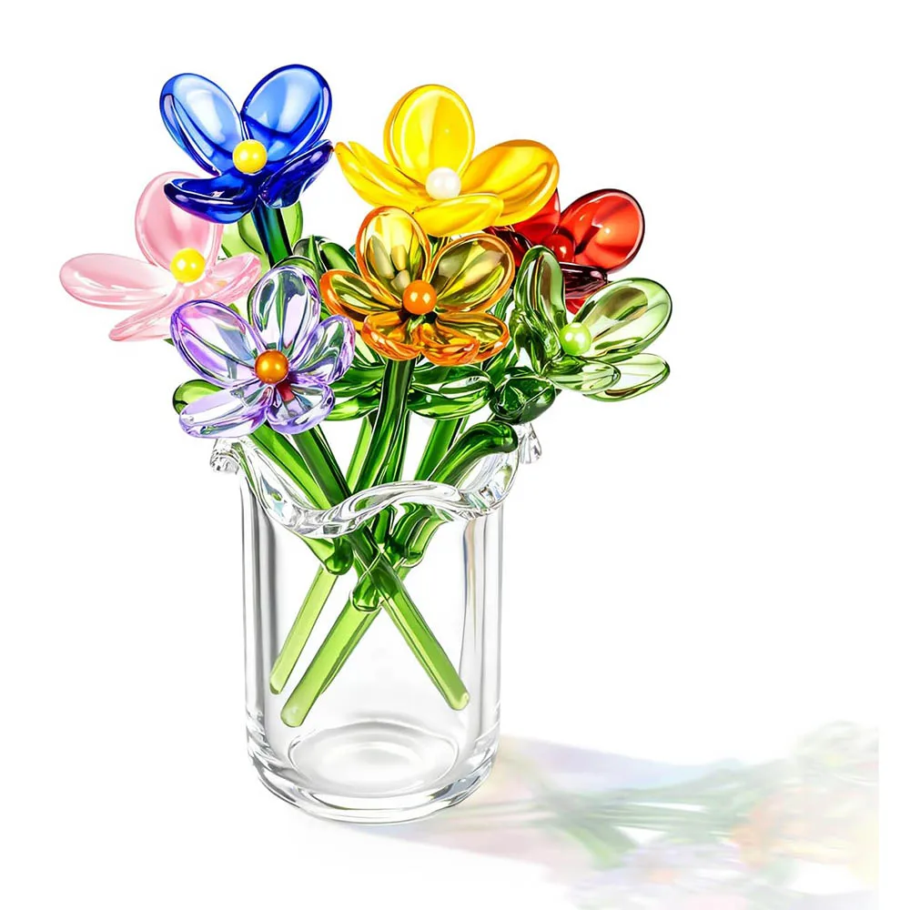 Miniature Glass Flower Small Mini Glass Birth Month Flower Crystal Wildflower Bouquet for Women Mom Wedding Mother's Day Office