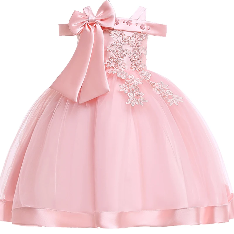 3-10 Years Kids Christmas Party Dresses For Girls Appliques Flower Elegant  Wedding Dress With Bow Children Birthday Prom Gown