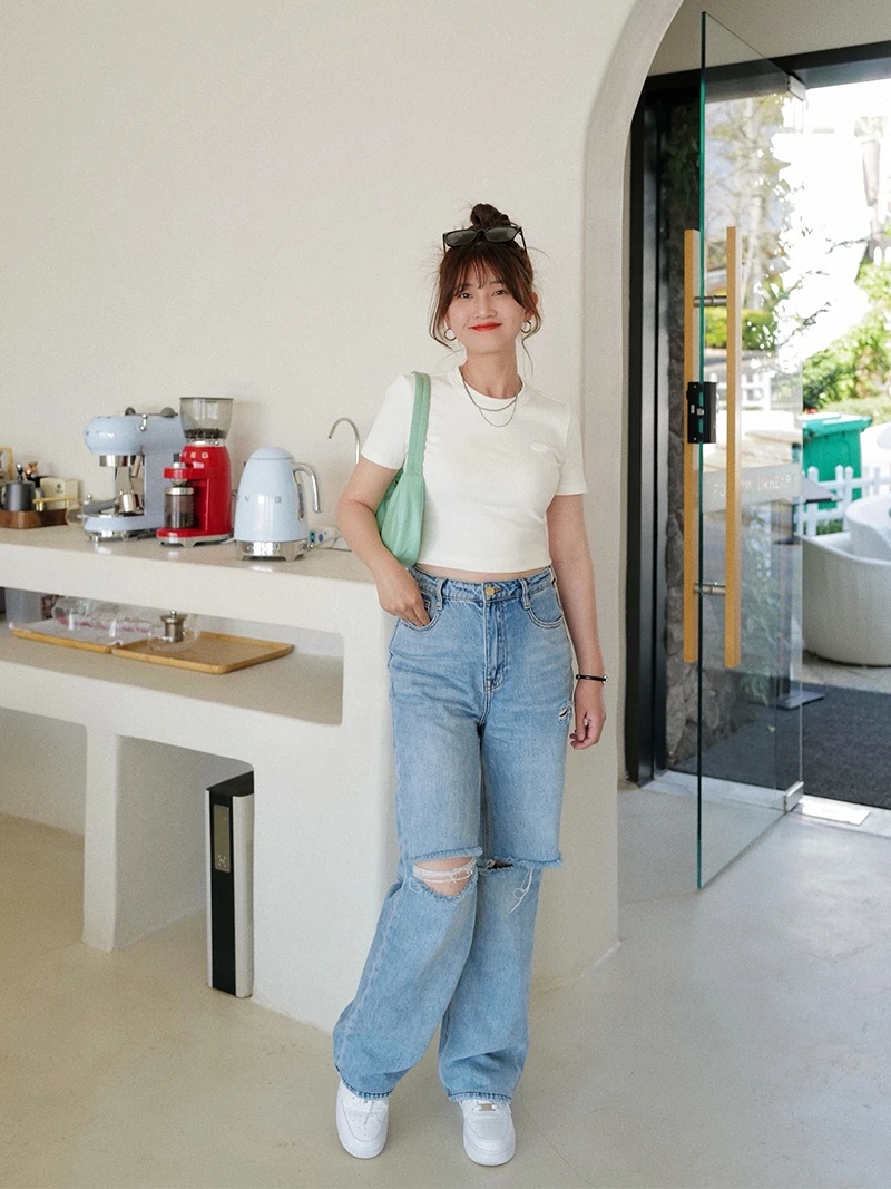 

Джинсы INNQ с высокой талией, широкими штанинами, рваные, женские, весна-лето, светлые, модные, длинные брюки, стиль Bella Spicy Girl Street