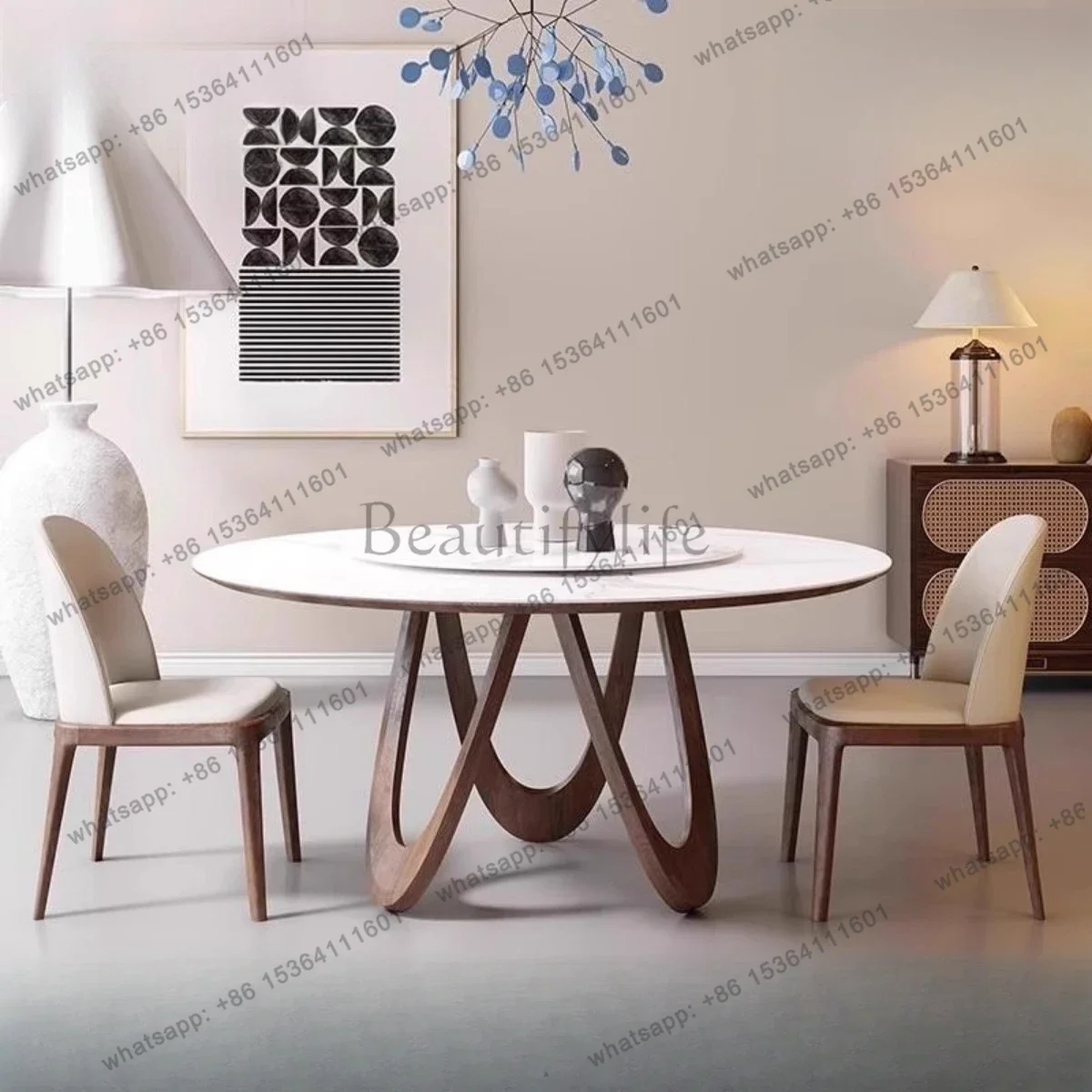 JJ Nordic wabi sandy wind solid wood round table with turntable rock slab Italian all solid wood baseplate round table chairLX